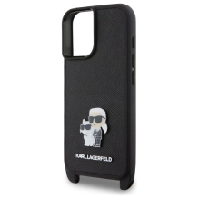 Karl Lagerfeld Saffiano Karl&amp;Choupette Metal Pin CBDY Strap iPhone 16 Case - Black