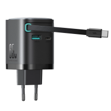 Joyroom JR-TCL02 65W USB-A USB-C GaN įkroviklis su įmontuotu USB-C laidu – juodas