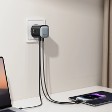 Joyroom JR-TCL02 65W USB-A USB-C GaN įkroviklis su įmontuotu USB-C laidu – juodas