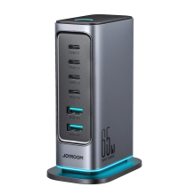 Joyroom JR-TCM02 kelių prievadų GaN įkroviklis 65W EU 4x USB-C 2x USB-A - tamsiai pilka