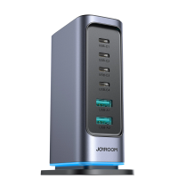 Joyroom JR-TCM02 kelių prievadų GaN įkroviklis 65W EU 4x USB-C 2x USB-A - tamsiai pilka