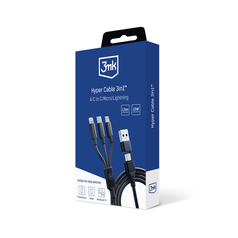 3mk Hyper Cable 3in1 USB-A - USB-C / USB-C - micro USB - Lightning 1,5 m - juodas