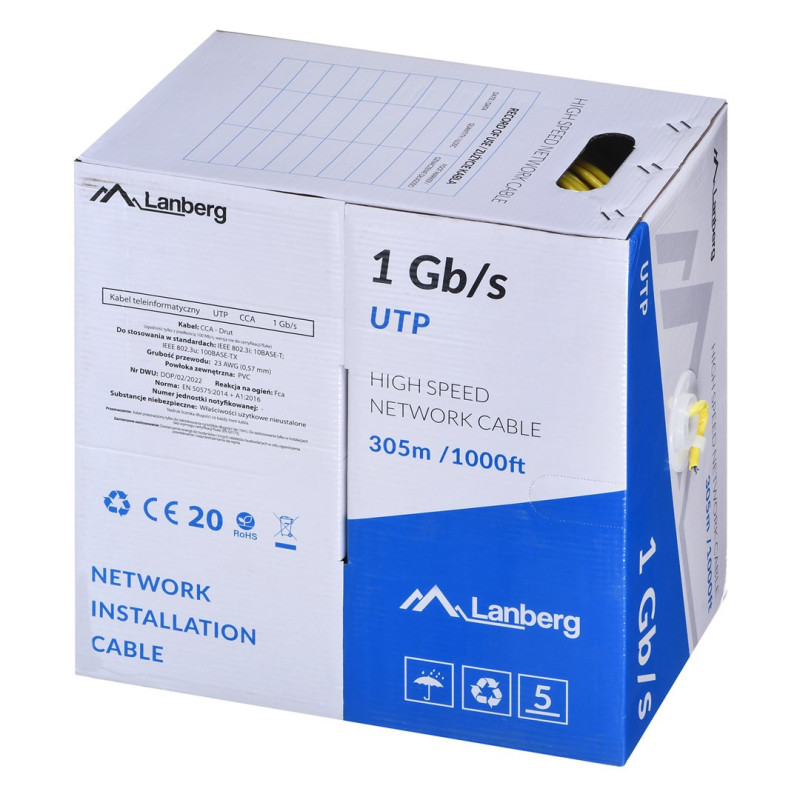 LANBERG UTP CABLE 1GB / S 305M LAIDAS CCA GELTONAS