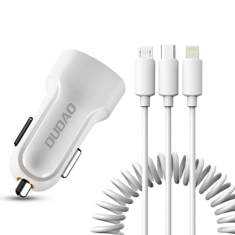 Car charger Dudao R7 (2xUSB 2.4A) + 3in1 cable lightning+micro+type-C white