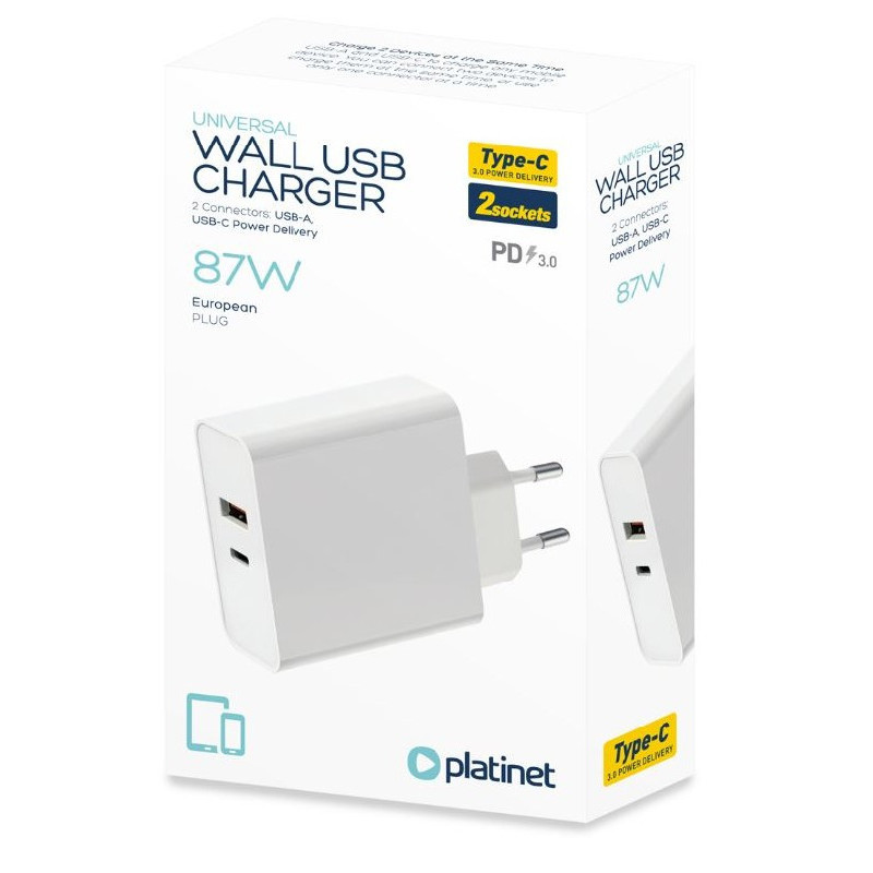 Įkroviklis Platinet (PLCUPD87W) (1xUSB-C 1xUSB) 87W baltas