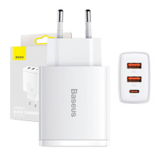 „Baseus Compact Quick Charger“ sieninis įkroviklis, 2xUSB, USB-C, PD, 3A, 30 W (balta)