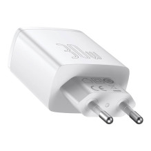 „Baseus Compact Quick Charger“ sieninis įkroviklis, 2xUSB, USB-C, PD, 3A, 30 W (balta)