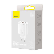 „Baseus Compact Quick Charger“ sieninis įkroviklis, 2xUSB, USB-C, PD, 3A, 30 W (balta)