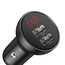 Baseus automobilinis įkroviklis su ekranu, 2x USB, 4.8A, 24W (pilka)