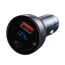 „Baseus Particular Digital Display“ automobilinis įkroviklis su ekranu, USB + USB-C, QC3.0+PD, 5A, 65 W (pilka)