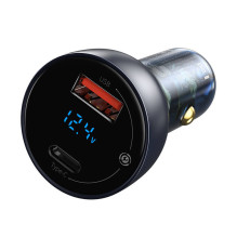 „Baseus Particular Digital Display“ automobilinis įkroviklis su ekranu, USB + USB-C, QC3.0+PD, 5A, 65 W (pilkas) + USB-C