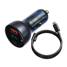 „Baseus Particular Digital Display“ automobilinis įkroviklis su ekranu, USB + USB-C, QC3.0+PD, 5A, 65 W (pilkas) + USB-C