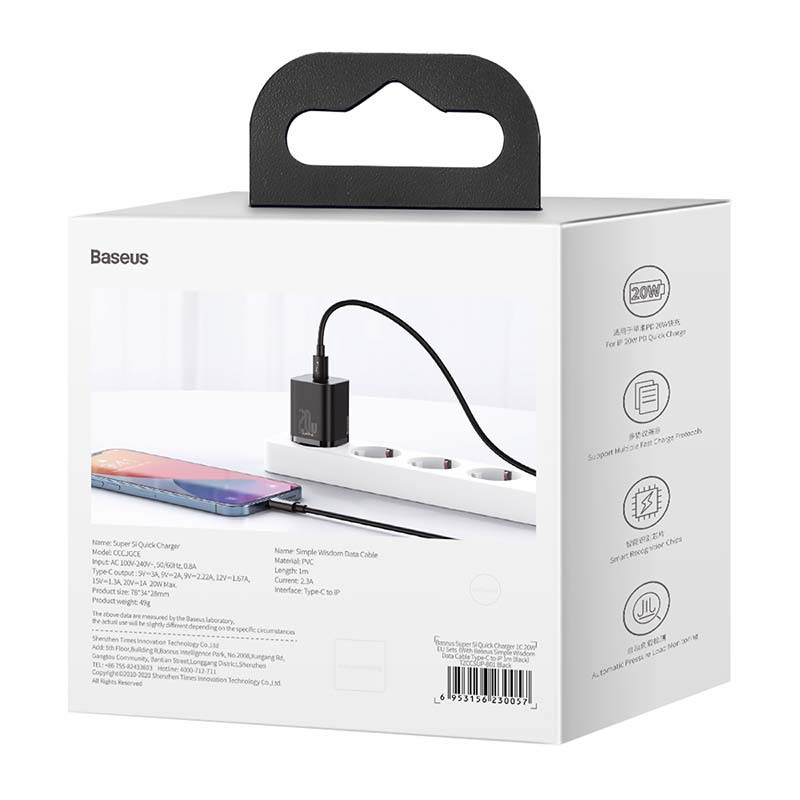 Baseus Super Si Quick Charger 1C 20W su USB-C laidu, skirtas Lightning 1m (juodas)