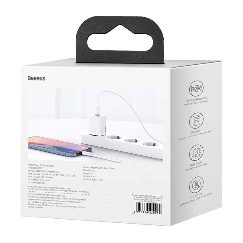 Baseus Super Si Quick Charger 1C 20W su USB-C laidu, skirtas Lightning 1m (baltas)