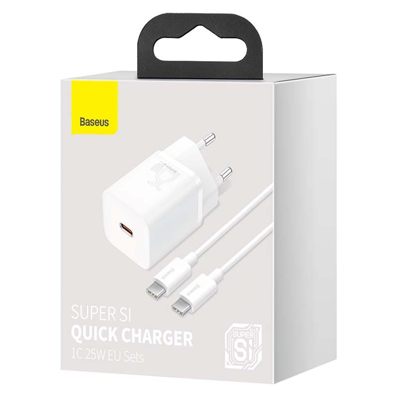 „Baseus Super Si“ greitas įkroviklis 1C 25 W su USB-C laidu, skirtas USB-C 1 m (baltas)