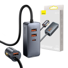 Automobilinis įkroviklis Baseus Share Together su ilginamuoju laidu, 3x USB, USB-C, 120W (pilka)