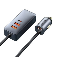 Automobilinis įkroviklis Baseus Share Together su ilginamuoju laidu, 3x USB, USB-C, 120W (pilka)