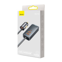 Automobilinis įkroviklis Baseus Share Together su ilginamuoju laidu, 3x USB, USB-C, 120W (pilka)