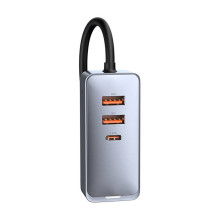 Automobilinis įkroviklis Baseus Share Together su ilginamuoju laidu, 3x USB, USB-C, 120W (pilka)