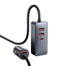 Automobilinis įkroviklis Baseus Share Together su ilginamuoju laidu, 3x USB, USB-C, 120W (pilka)