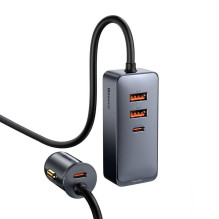 Automobilinis įkroviklis Baseus Share Together su ilgintuvu, 2x USB, 2x USB-C, 120W (pilka)