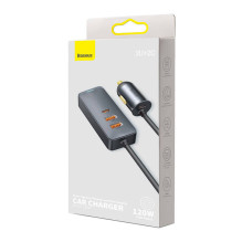 Automobilinis įkroviklis Baseus Share Together su ilgintuvu, 2x USB, 2x USB-C, 120W (pilka)