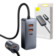 Car charger Baseus Share Together with extension cord, 2x USB, 2x USB-C, 120W (grey)