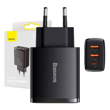 Įkroviklis Baseus kompaktiškas greitas įkroviklis, 2xUSB, USB-C, PD, 3A, 30W (Czarna)