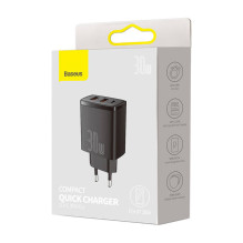 Įkroviklis Baseus kompaktiškas greitas įkroviklis, 2xUSB, USB-C, PD, 3A, 30W (Czarna)