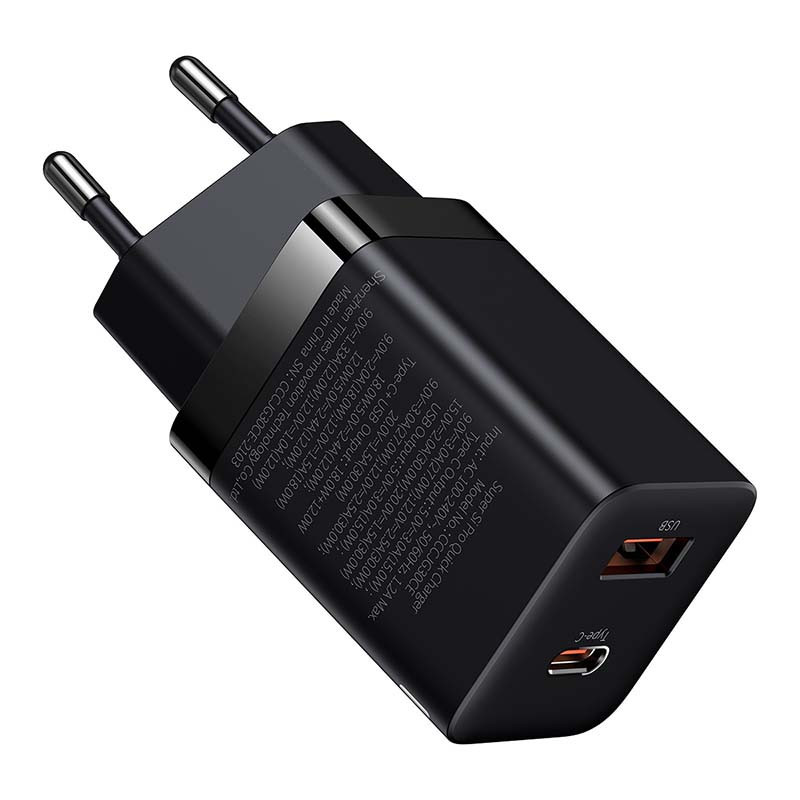 Baseus Super Si Pro greitas įkroviklis USB + USB-C 30W (juodas)