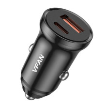 Automobilinis įkroviklis VFAN C03, USB + USB-C, 20W, PD + QC 3.0 (juodas)