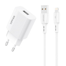 Network charger VFAN E01, 1x USB, 2.4A + Lightning cable (white)