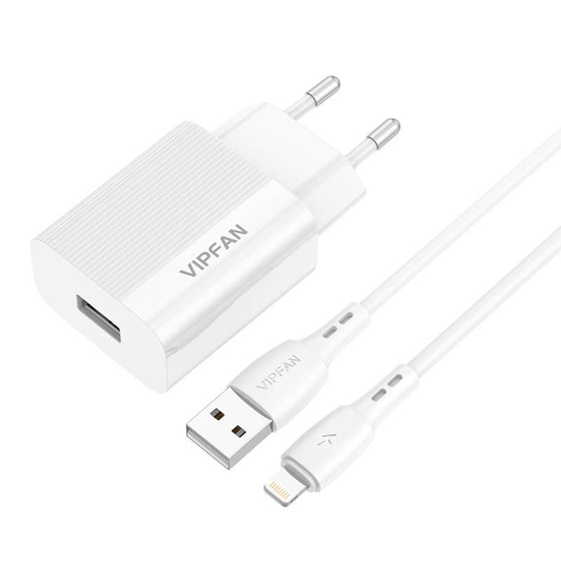 Tinklo įkroviklis VFAN E01, 1x USB, 2.4A + Lightning laidas (baltas)