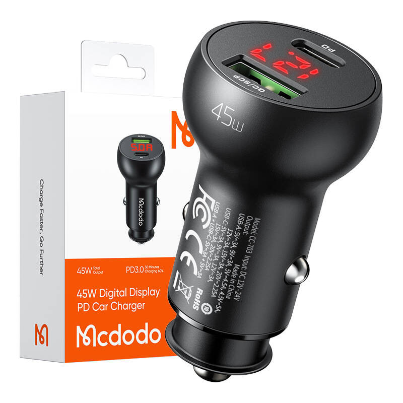 Car Charger Mcdodo CC-7030, USB + USB-C, with Display, 45W (Black)