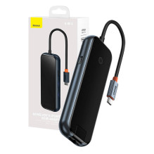 Hub 5in1 Baseus AcmeJoy serijos USB-C iki 2xUSB 3.0 + USB 2.0 + USB-C PD + RJ45 (tamsiai pilka)