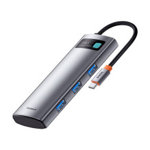 Hub 7in1 Baseus Gleam, USB-C iki 1x HDMI4K 60Hz + 3x USB3.0 + 1x PD + 1x SD / TF (pilka)