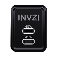 Wall charger INVZI GaN 2x USB-C, 45W, EU (black)