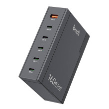 Universalus sieninis įkroviklis Budi 350, GaN PD+ QC3.0, 5xUSB-C+1xUSB-A, 160W JAV / JK / ES (juoda)