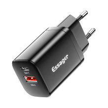 Sieninis įkroviklis USB-C+USB-A 30W Essager PD+QC (juodas)