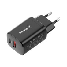 Sieninis įkroviklis USB-C+USB-A 30W Essager PD+QC (juodas)