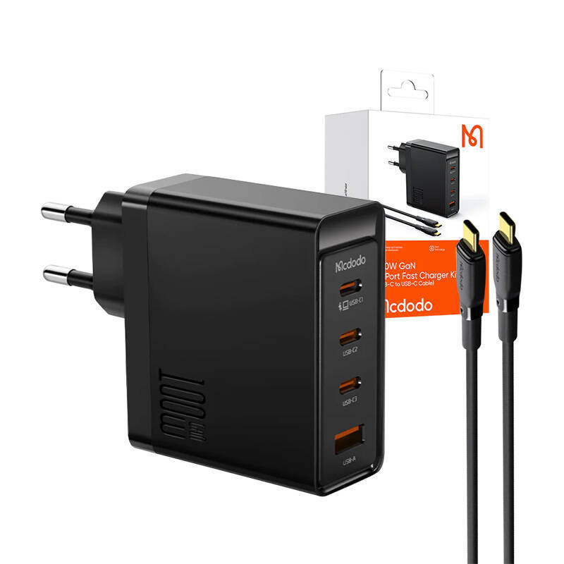 Sieninis įkroviklis McDodo GAN 3xUSB-C + USB, 100W + 2m laidas (juodas)