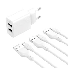 Sieninis įkroviklis XO L109 2.4A 12W 2x USB-A, USB Type-C laidas, (baltas)