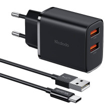 Mcdodo CH-5072 USB-A*2, 12W maitinimo įkroviklis + USB-A į USB-C laidas (juodas)