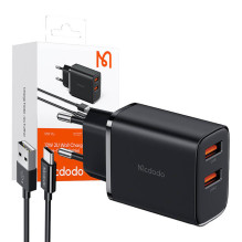 Mcdodo CH-5072 USB-A*2, 12W maitinimo įkroviklis + USB-A į USB-C laidas (juodas)