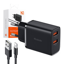 Mcdodo CH-5071 USB-A*2, 12W tinklo įkroviklis + USB-A iki žaibo kabelis (juodas)