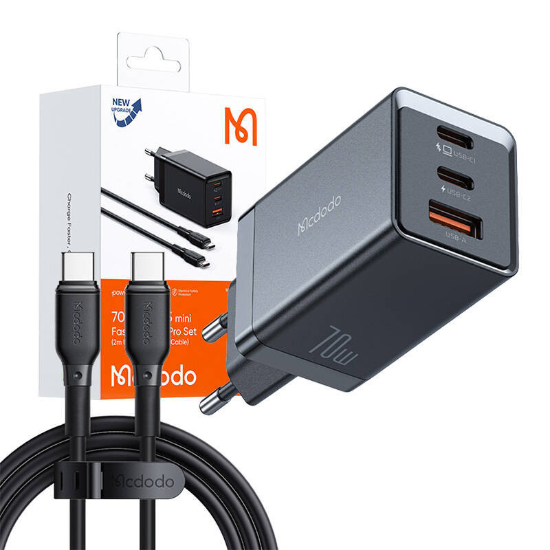 GaN Mcdodo CH-1543 tinklo įkroviklis, 2x USB-C, 1x USB, 67W + USB-C į USB-C 2m laidas (juodas)