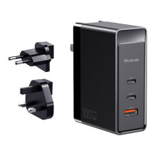 GaN Mcdodo CH-8101 Pro universal UK / US / EU travel charger / adapter, 100W, 2xUSB-C, USB-A (black)