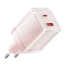 Sieninis įkroviklis Yueqi 70W GaN USB-C + USB-A (rožinė)