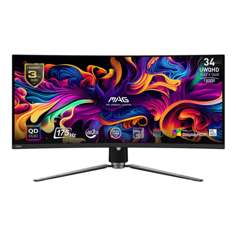 LCD Monitor, MSI, 34&quot;, Curved / 21 : 9, Panel QD-OLED, 3440x1440, 21:9, 175Hz, Matte, 0.03 ms, Swivel, Height adjus