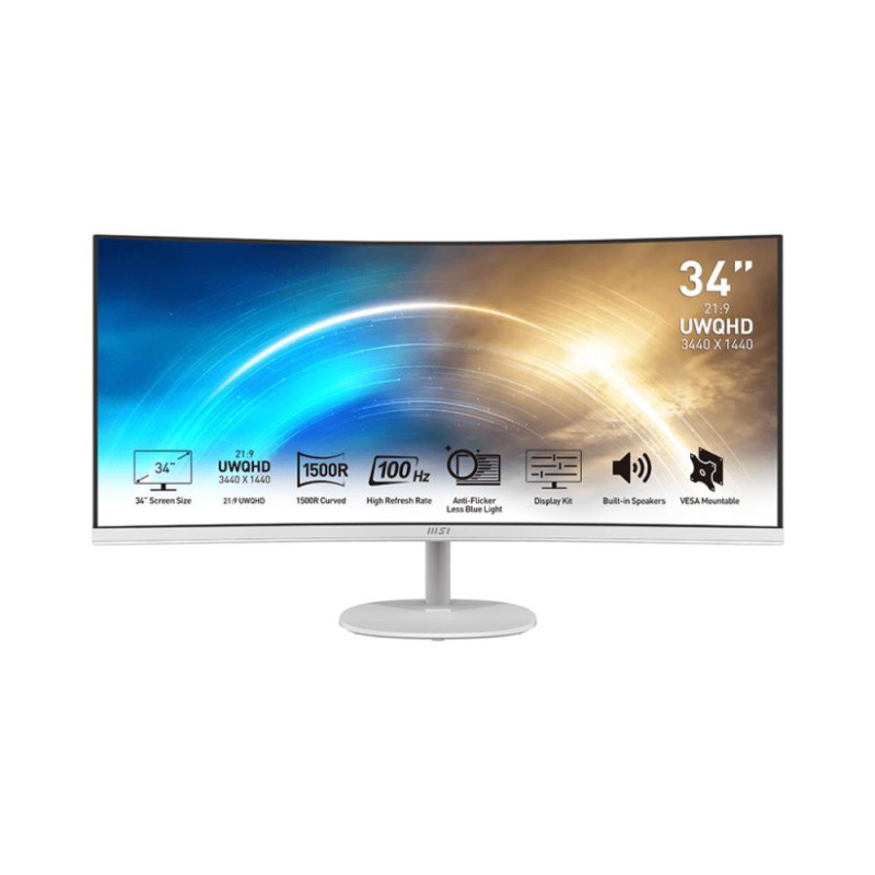 LCD Monitor, MSI, PRO MP341CQW, 34&quot;, Business / Curved / 21 : 9, Panel VA, 3440x1440, 21:9, 100Hz, Matte, 4 ms, Spe